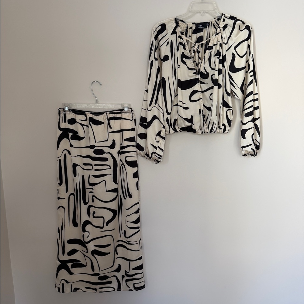 Vici Black and Cream Abstract Skirt Set